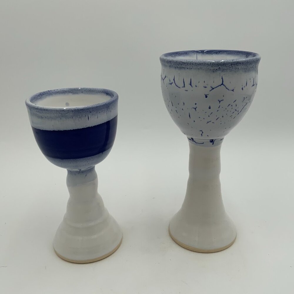 2 Sgnd Amy L Pottery Goblets Glazed Wine Chalices Blue & White - Picture 3 of 9
